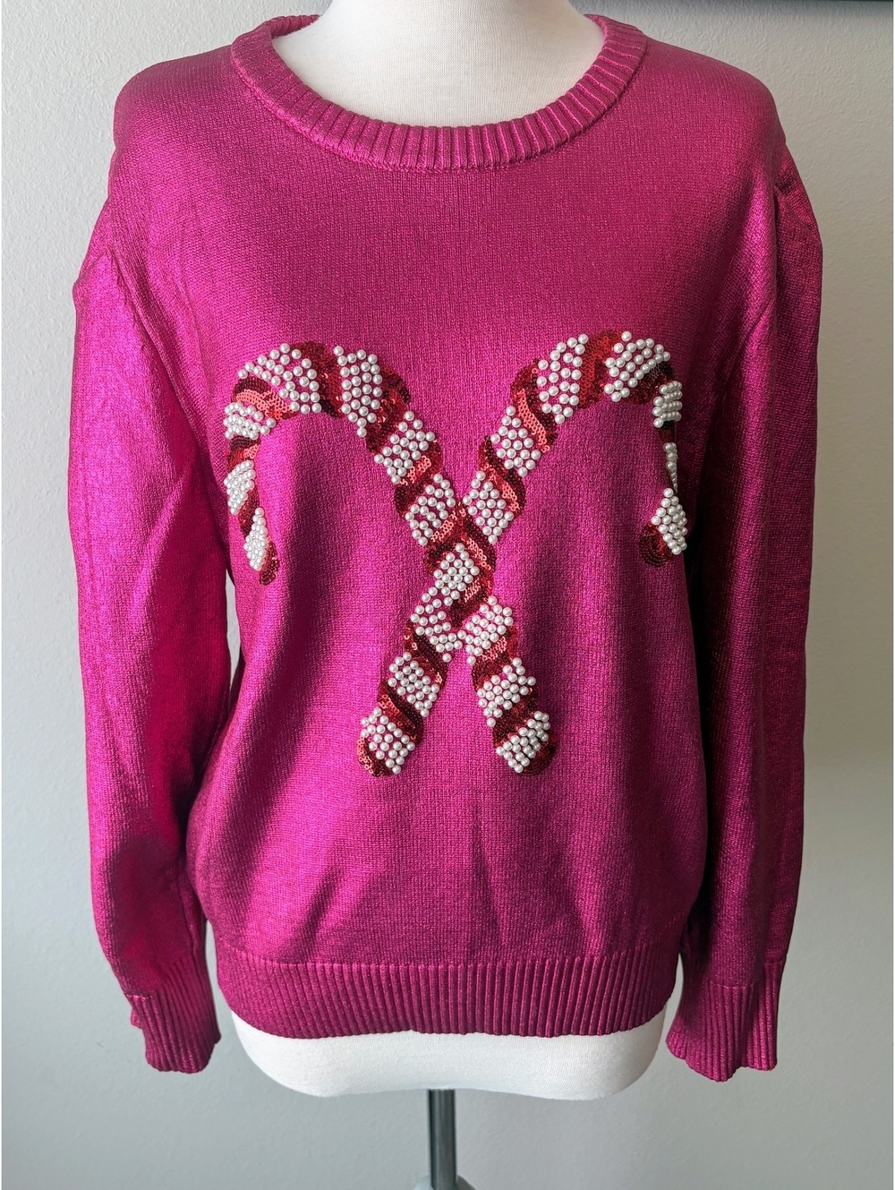 Queen of Sparkle Metallic Hot Pink Candy Cane Pearl Sequin Sweater.